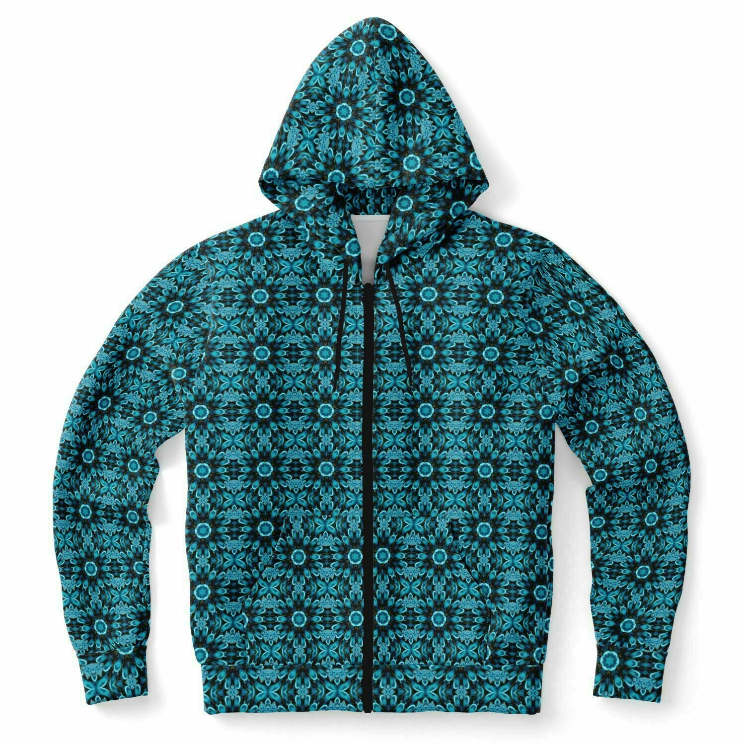 Hoodies for women with fullzip front and black with aqua print