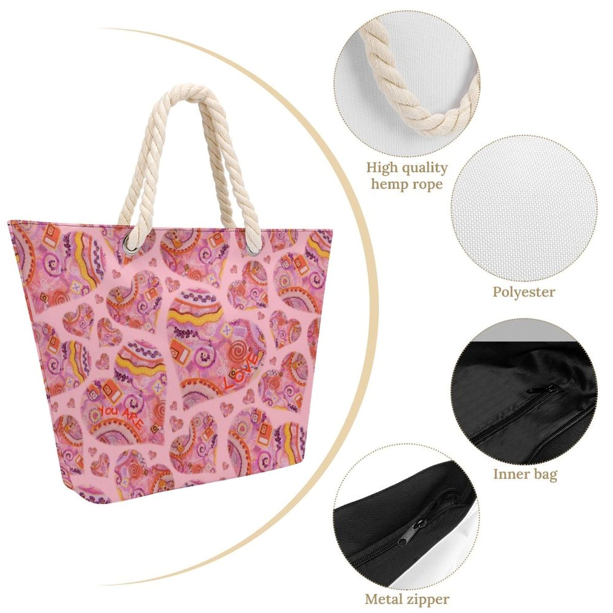 large  pink zip tote with rope handles