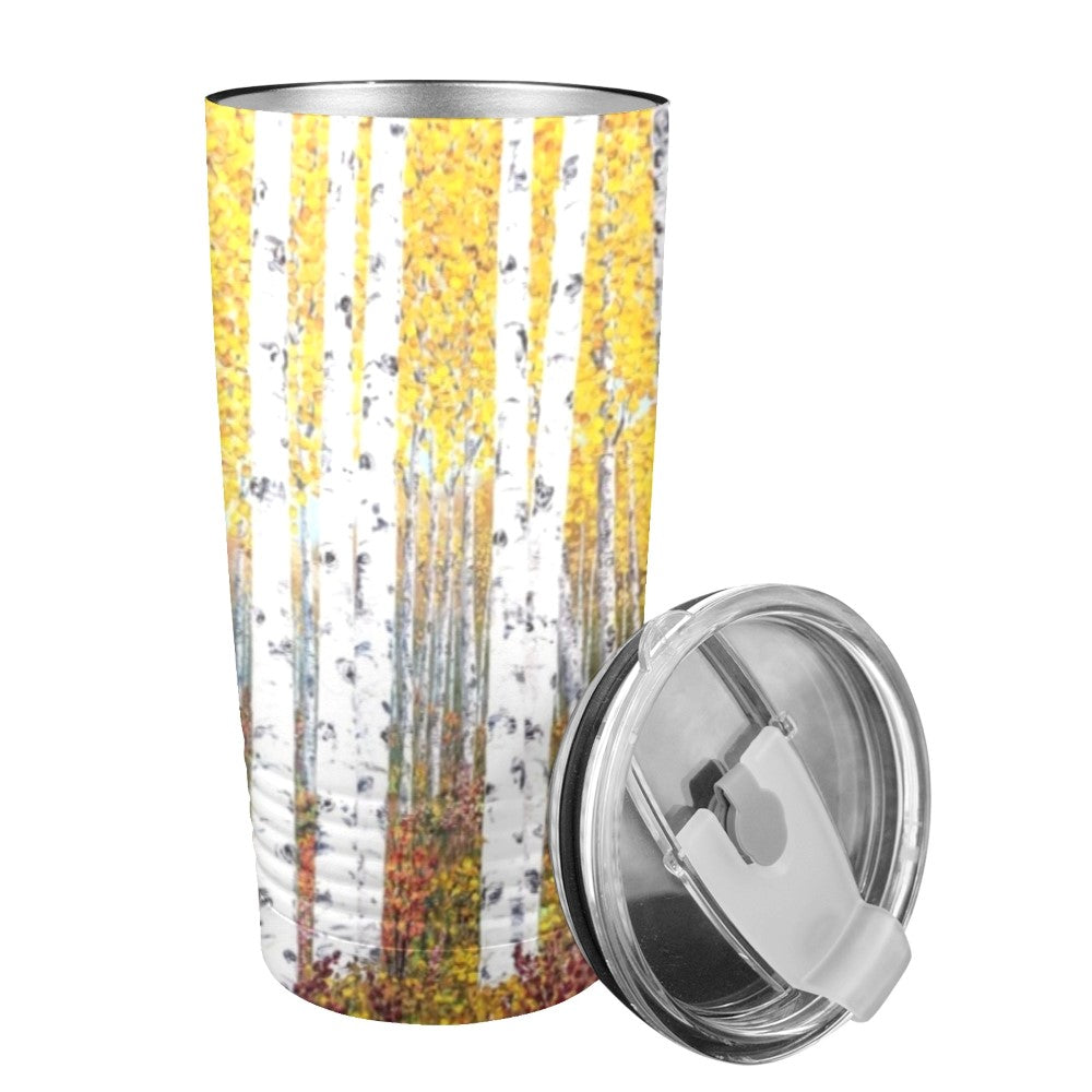 limited edition travel tumbler with golden birch tree painting on itr