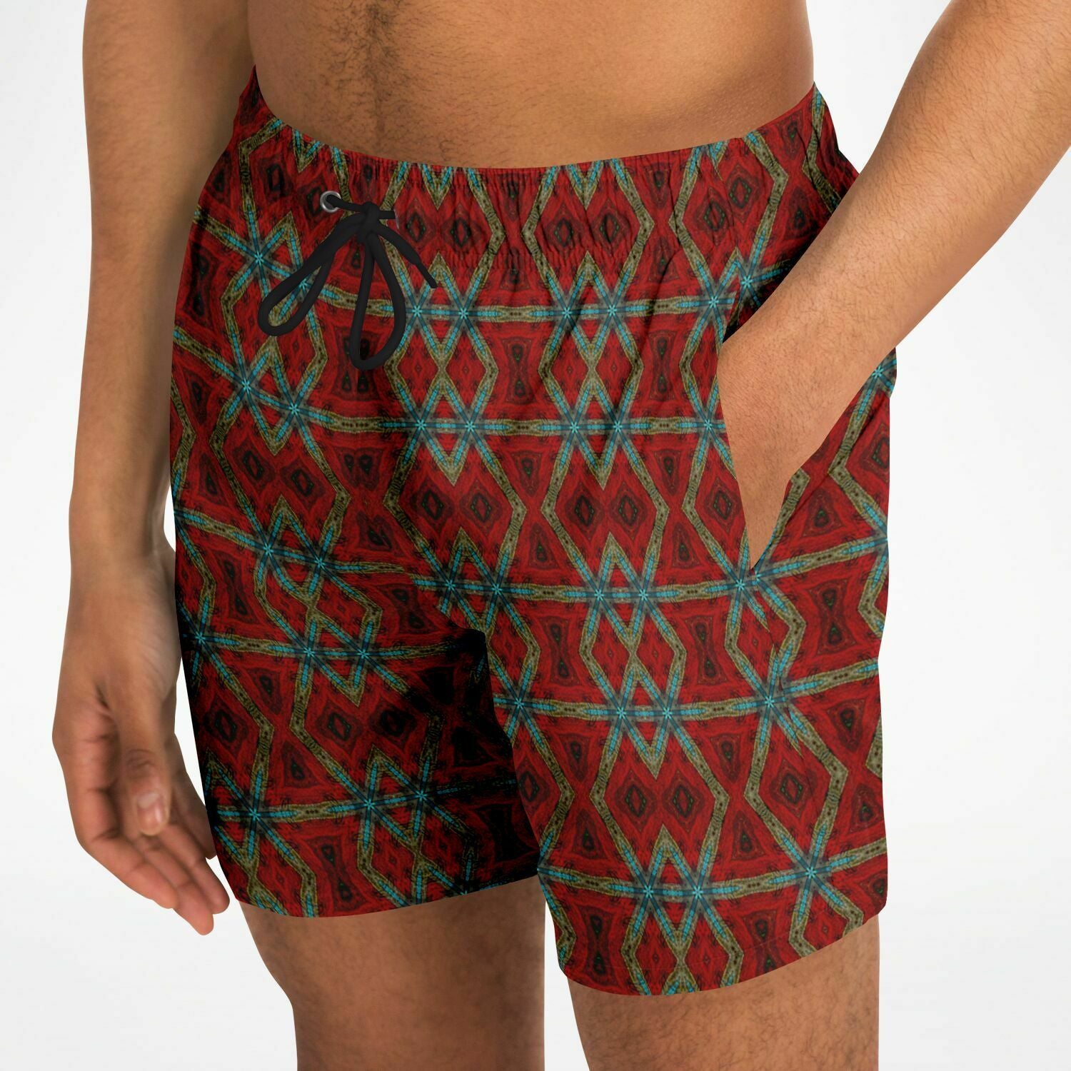 mens bathing suit with red designer print