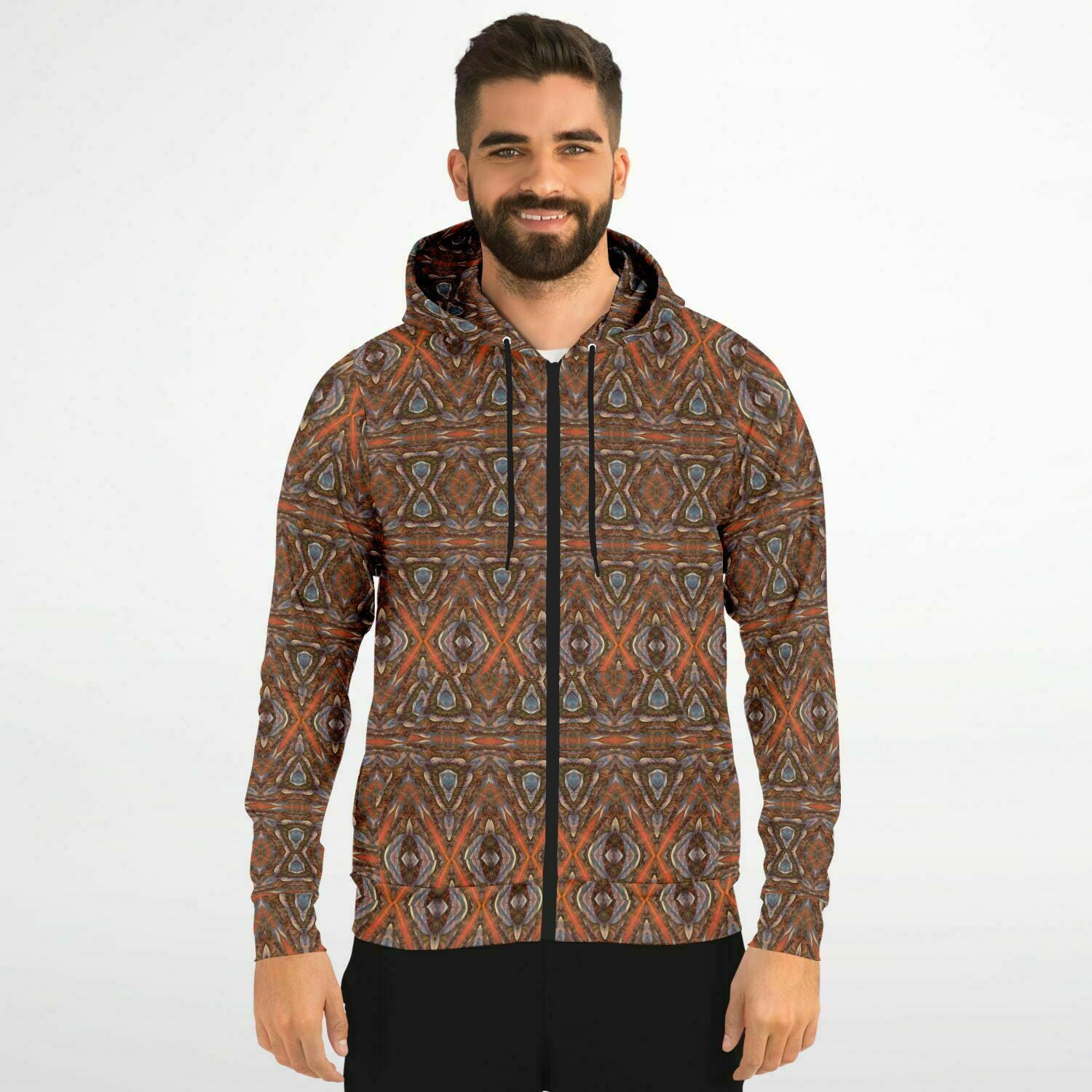 Brown and orange hoodie for men with a unique design and a full zip front closure