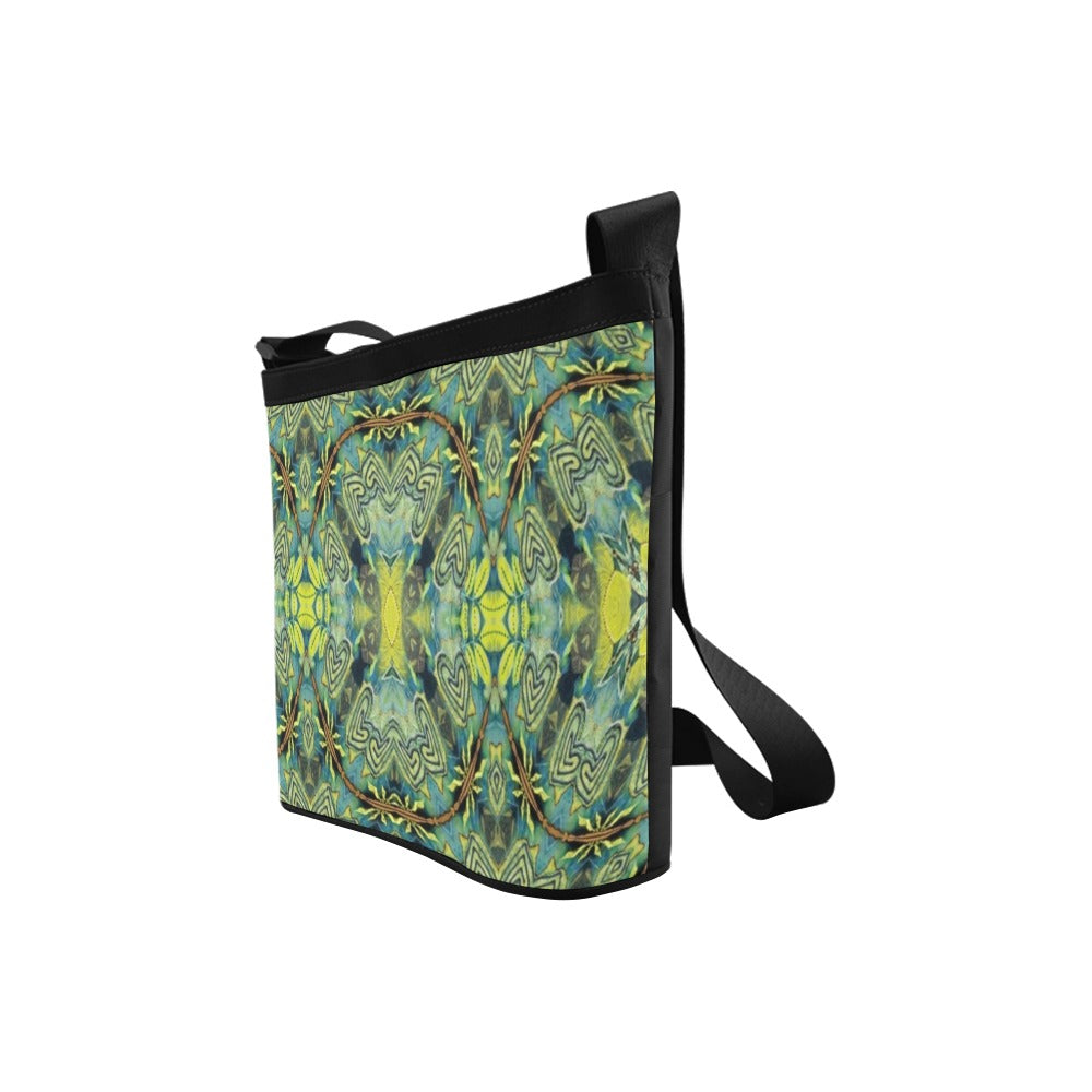 messenger bag crossbody bag style in black with green and blue designer print