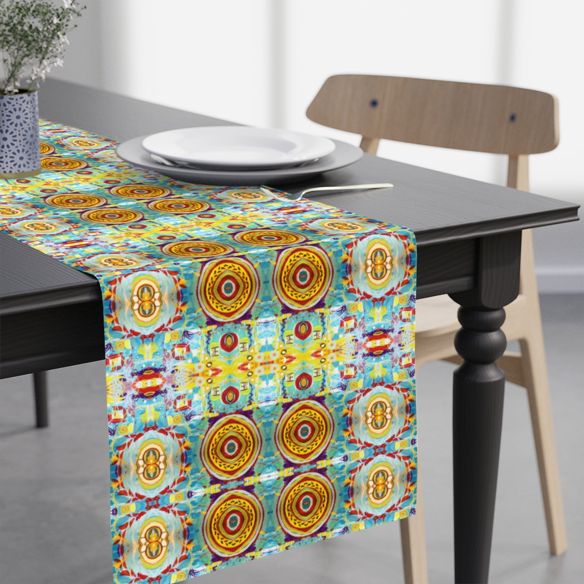 modern table runner with abstract art