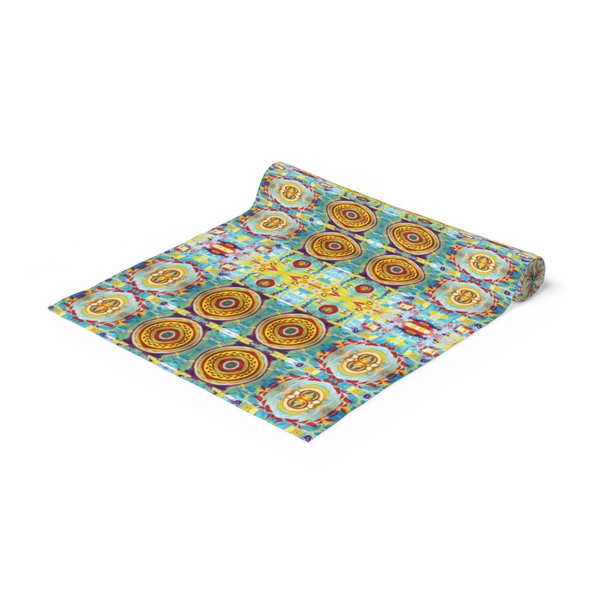 table runner by artist Jeweliyana with a colorful modern abstract pattern