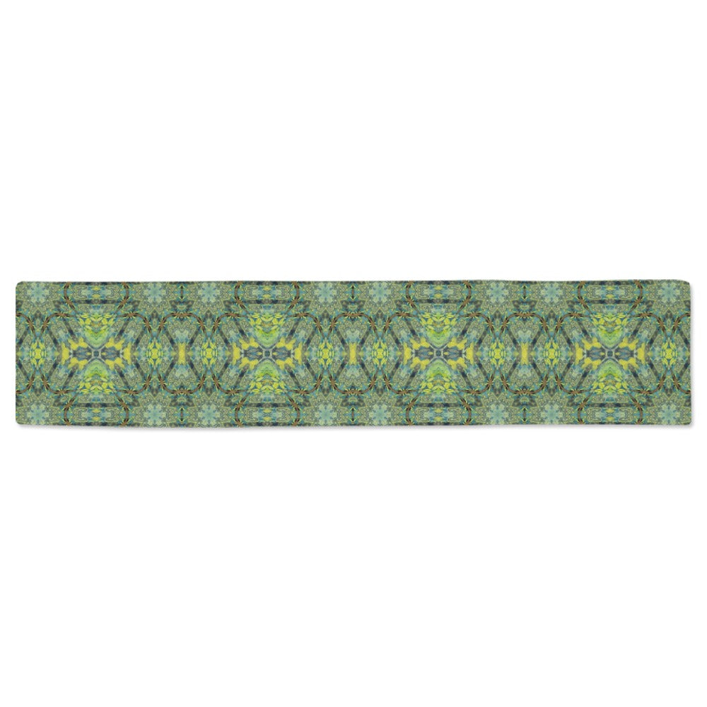 navy blue and green patterned table runner