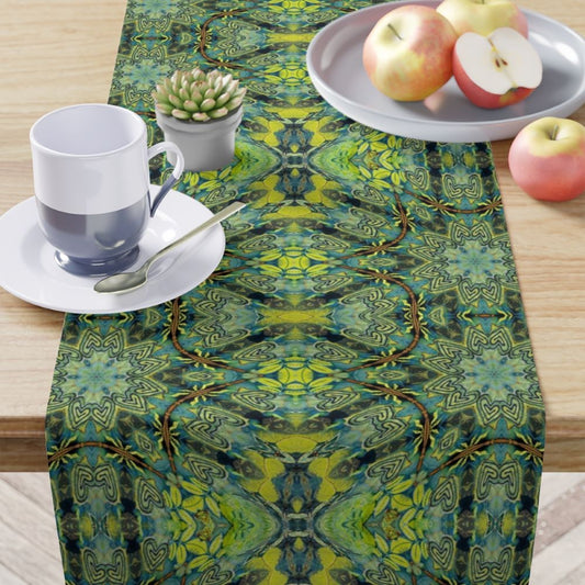 navy blue with green table runner with batik like pattern