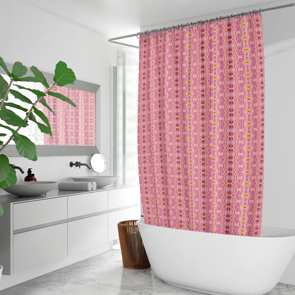 designer art shower curtain with pink abstract motif