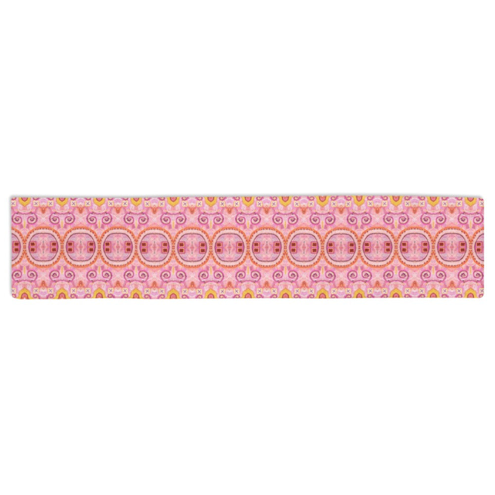 pink table runner showing full detail of modern abstract print