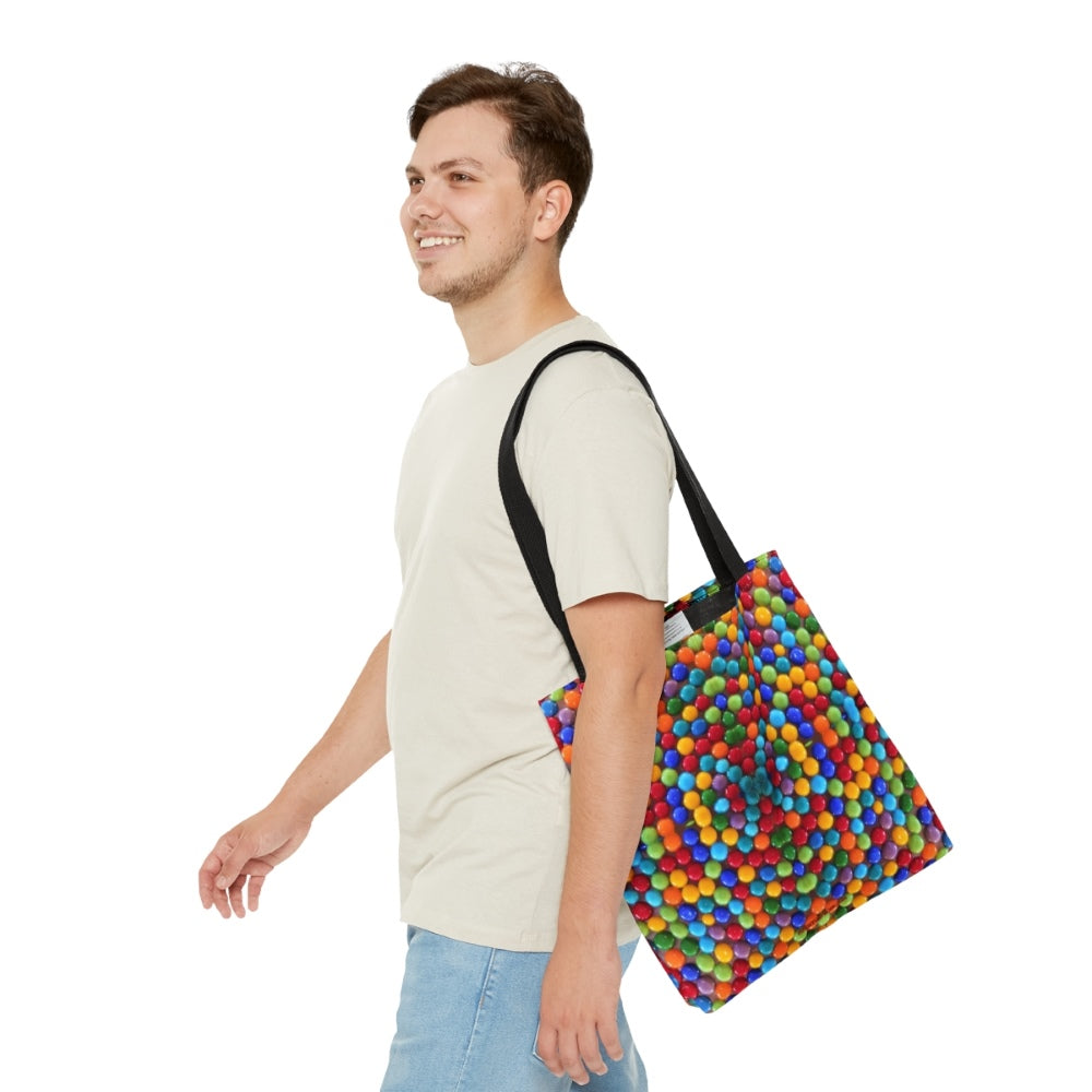 rainbow skittles on a tote bag
