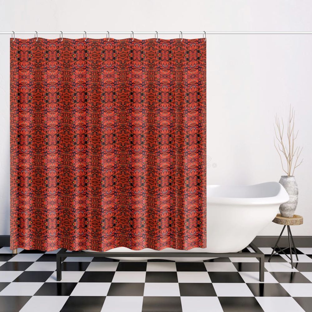red fabric shower curtain