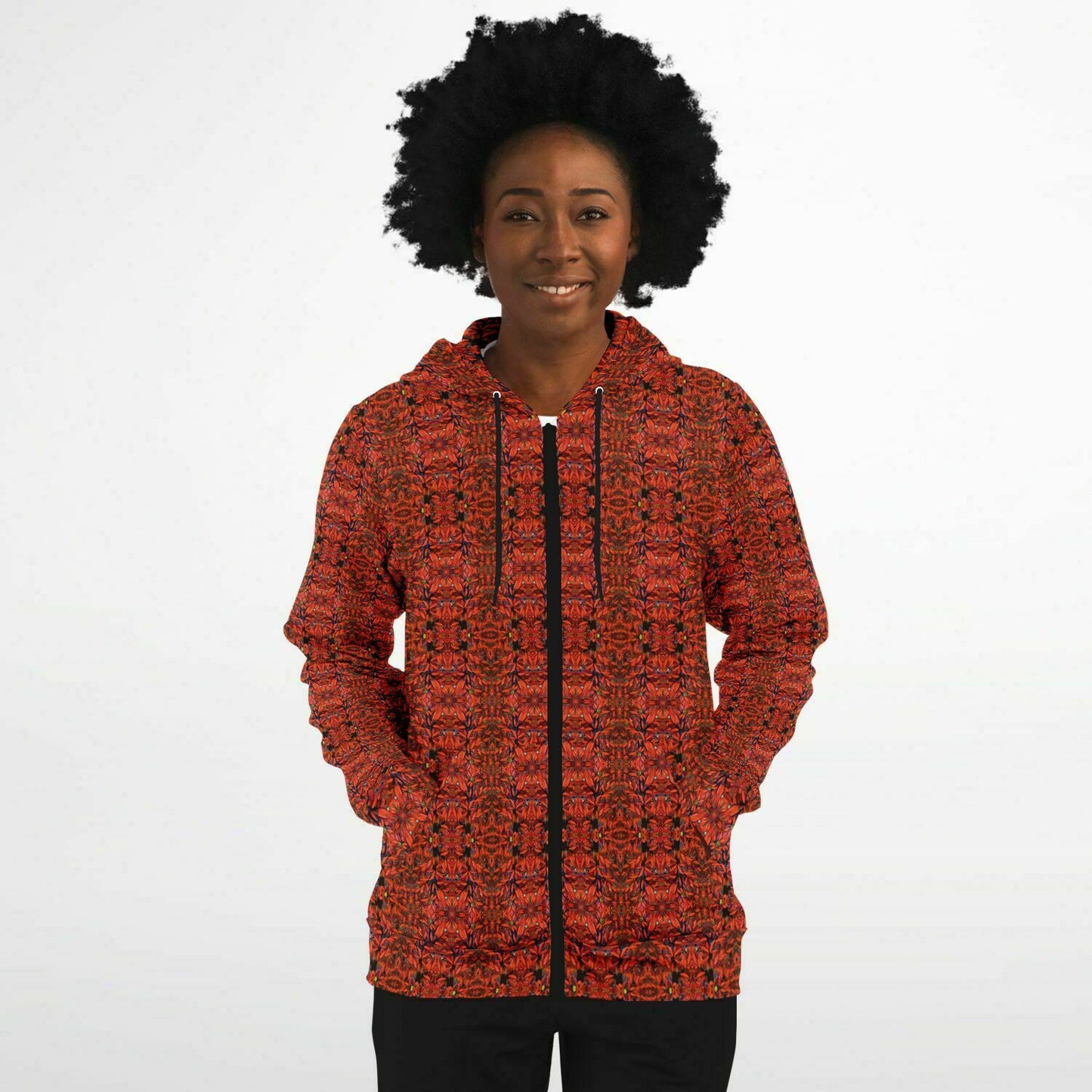 red hoodie for women with fullzip and pockets