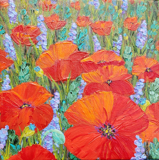 mini 6 inch red poppies painting