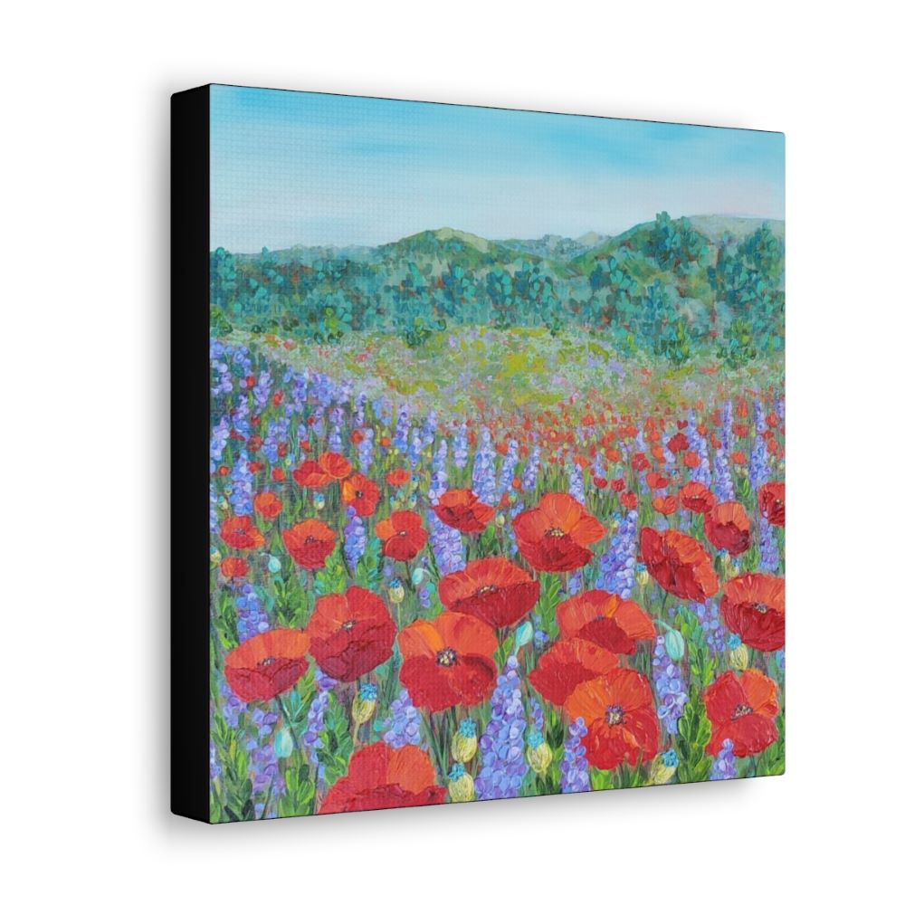 side view of red poppies painting
