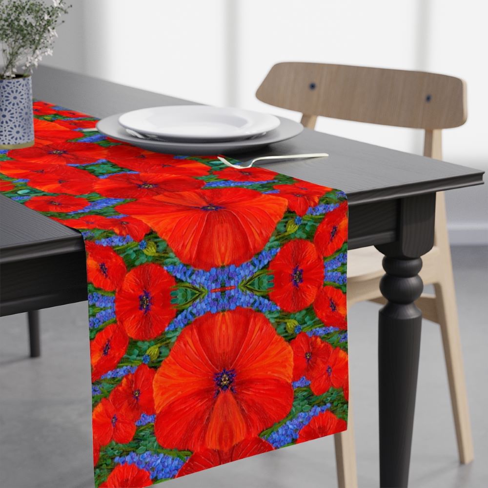 table runner covered in red poppies