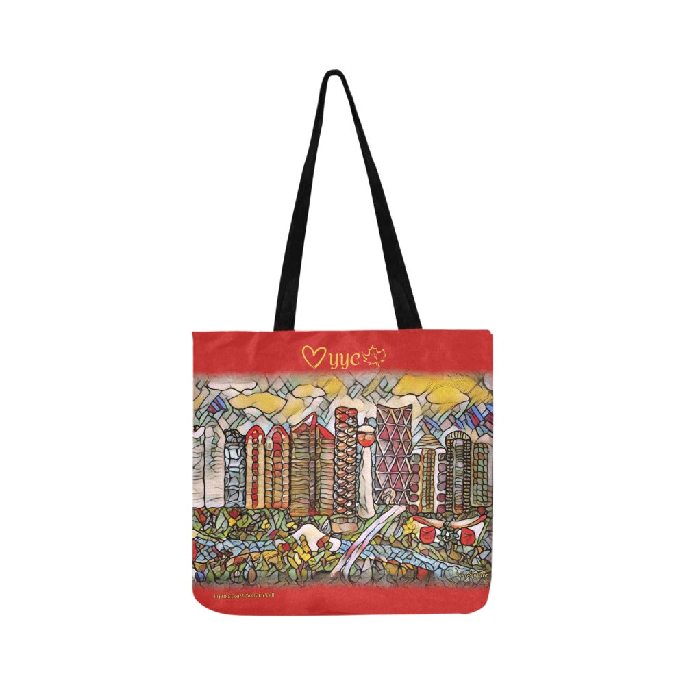 red tote bag with a Calgary city art scene
