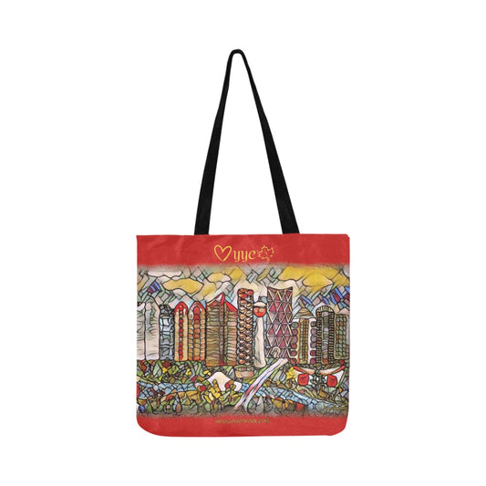 red tote bag with calgary city scape art scene on it