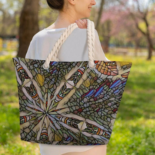 zippered shoulder bag tote with rope handles