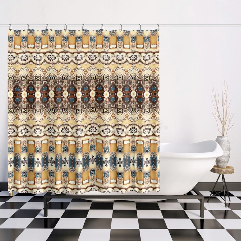 shower curtain with a cream and brown and teal urban country chic style design