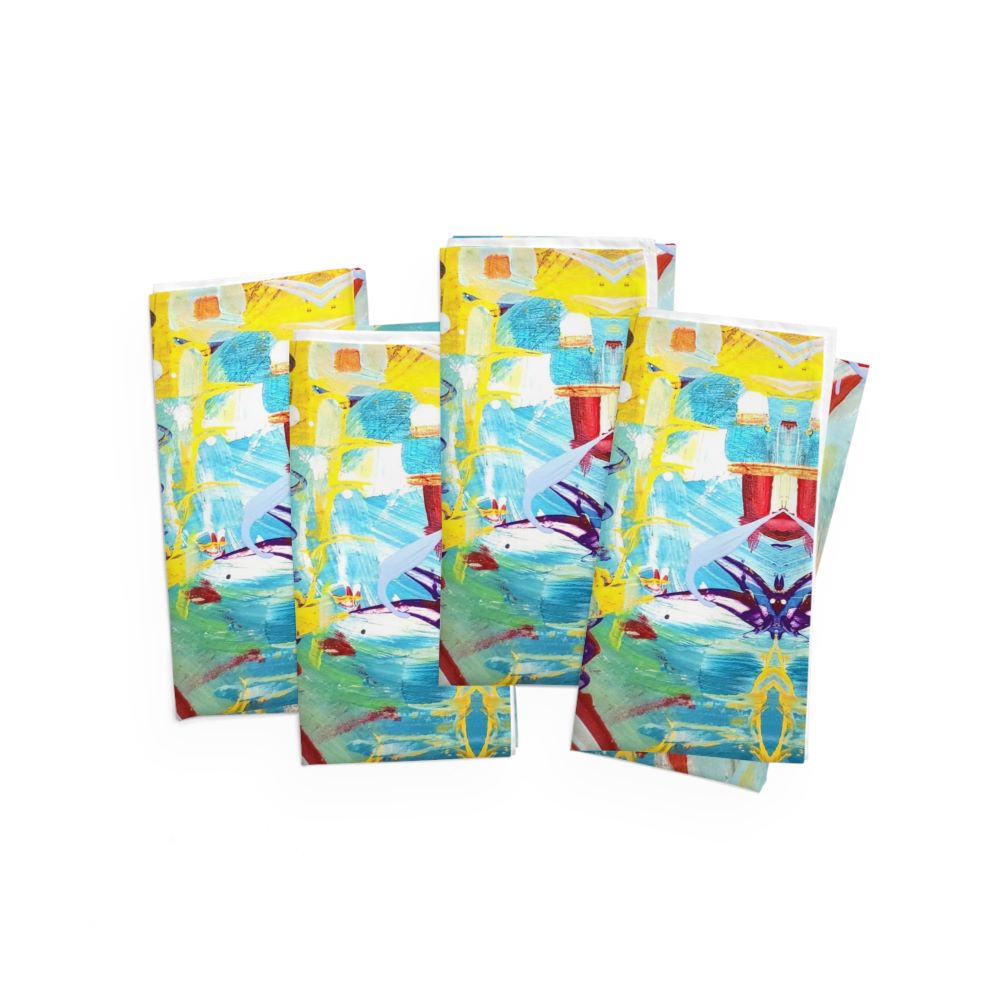 Set of 4 stylish cloth dinner napkins with an art design on them