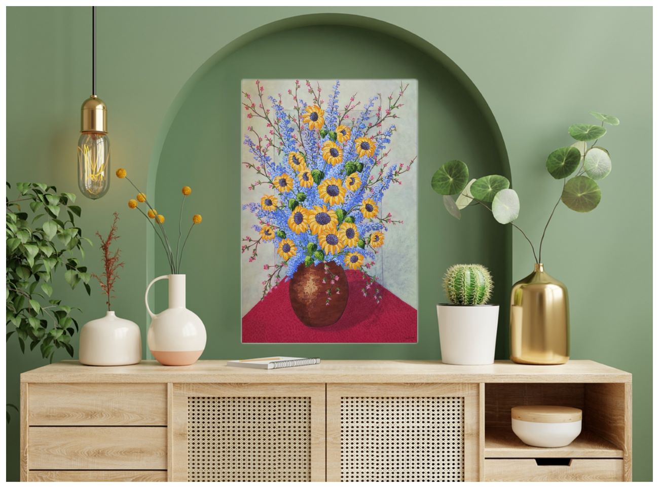 Blue delphiniums and Sunflowers painting shown in home decor setting