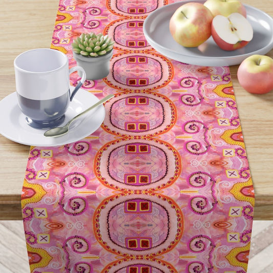 table linens shown on pink table runner