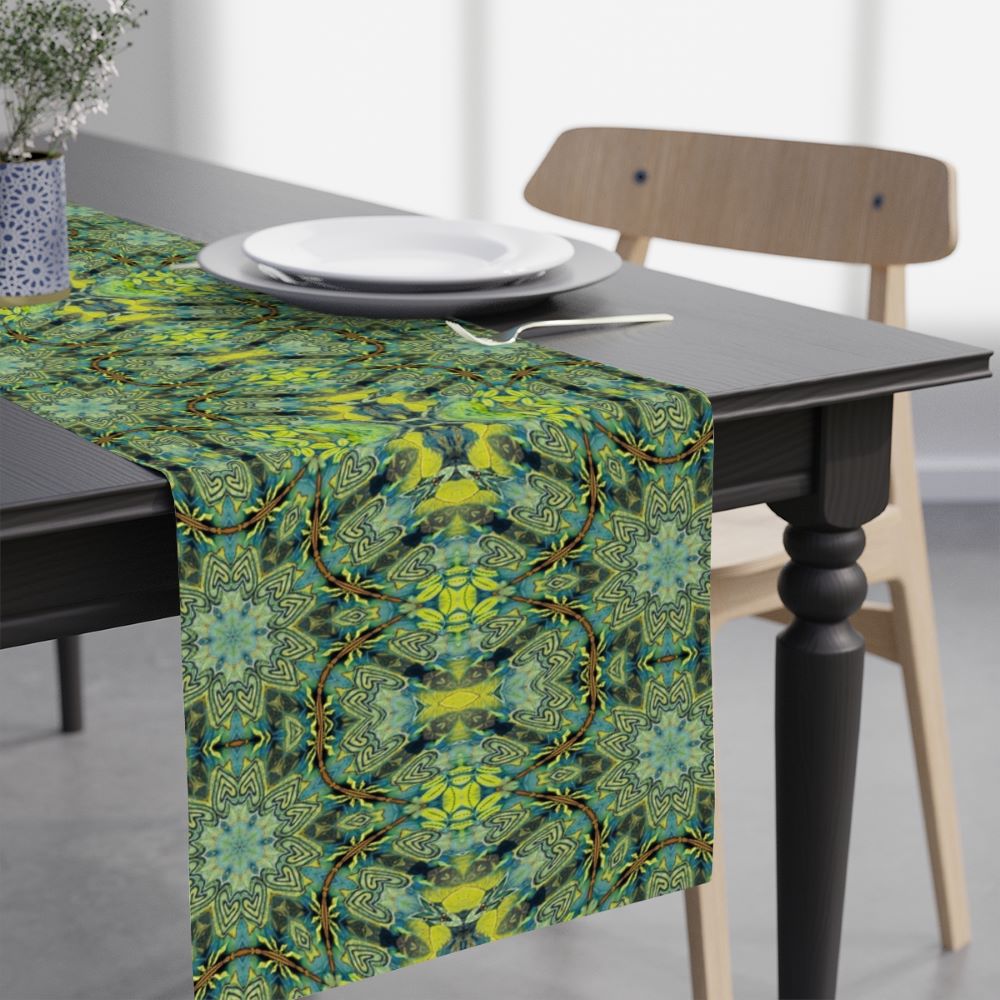 table runner with batik kind of pattern in navy and green