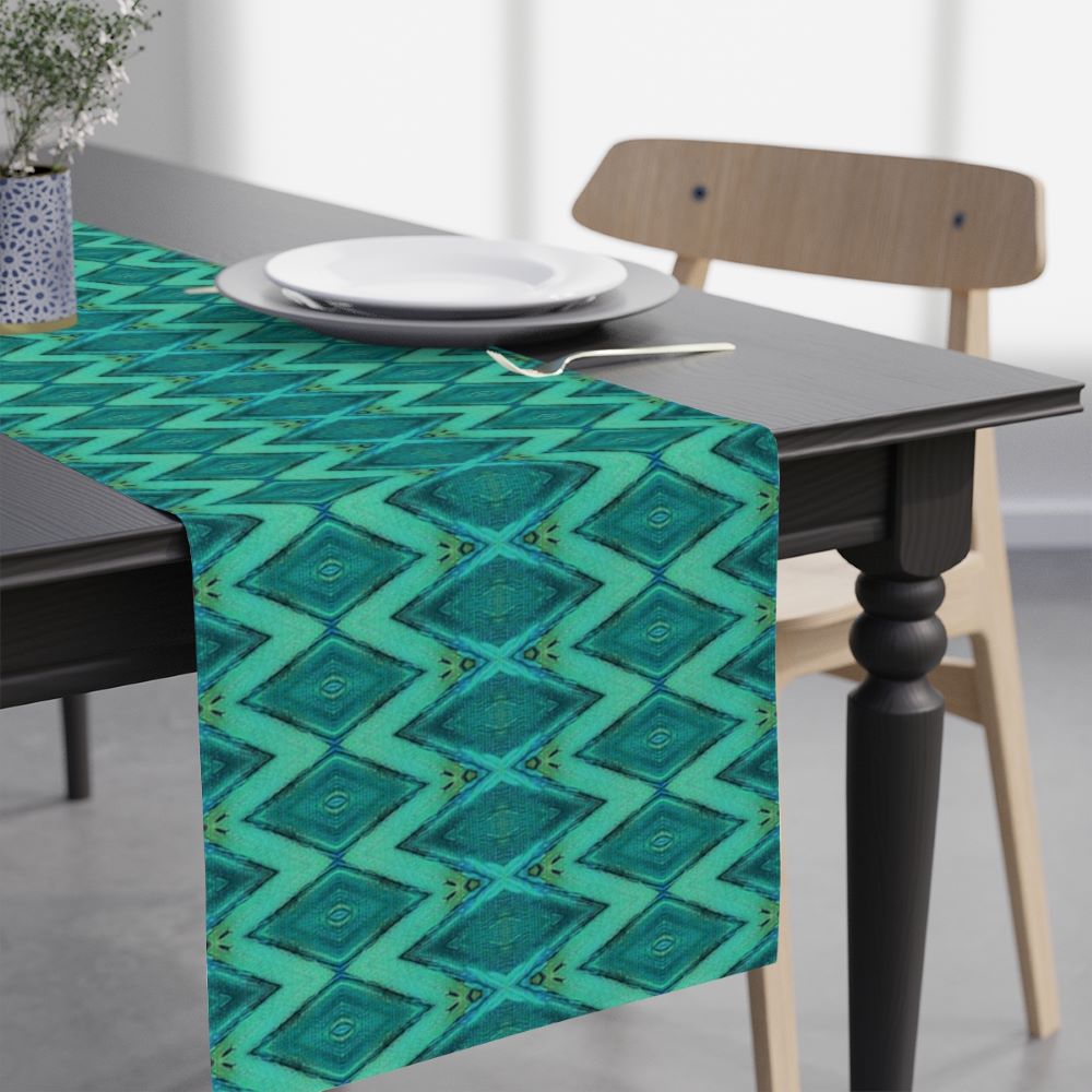 blue abstract diamond pattern on a table runner