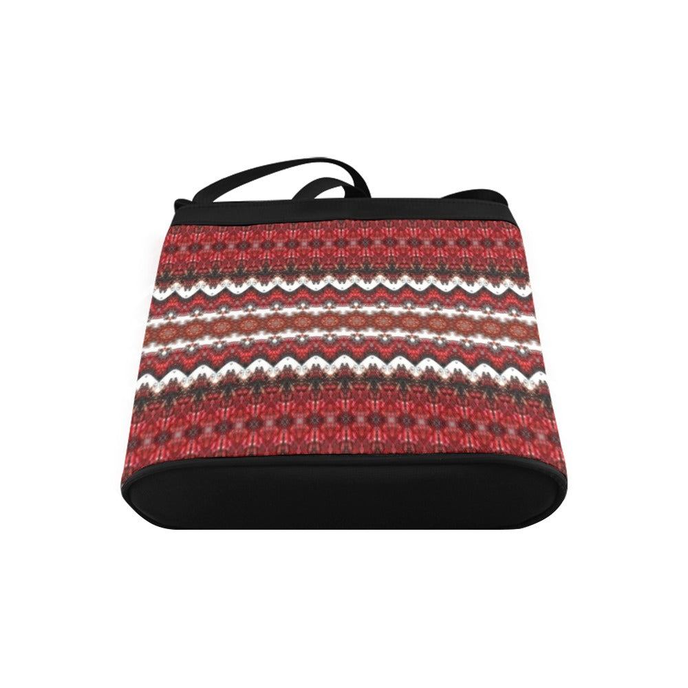travel purse with red and white pattern on front and black back