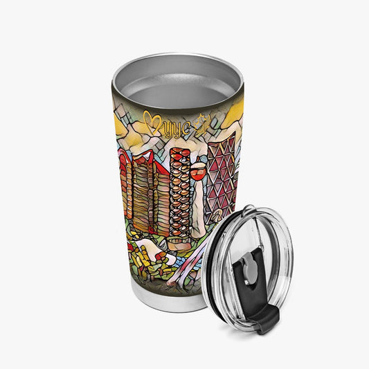 travel tumbler for coffee with a calgary souvenir theme.