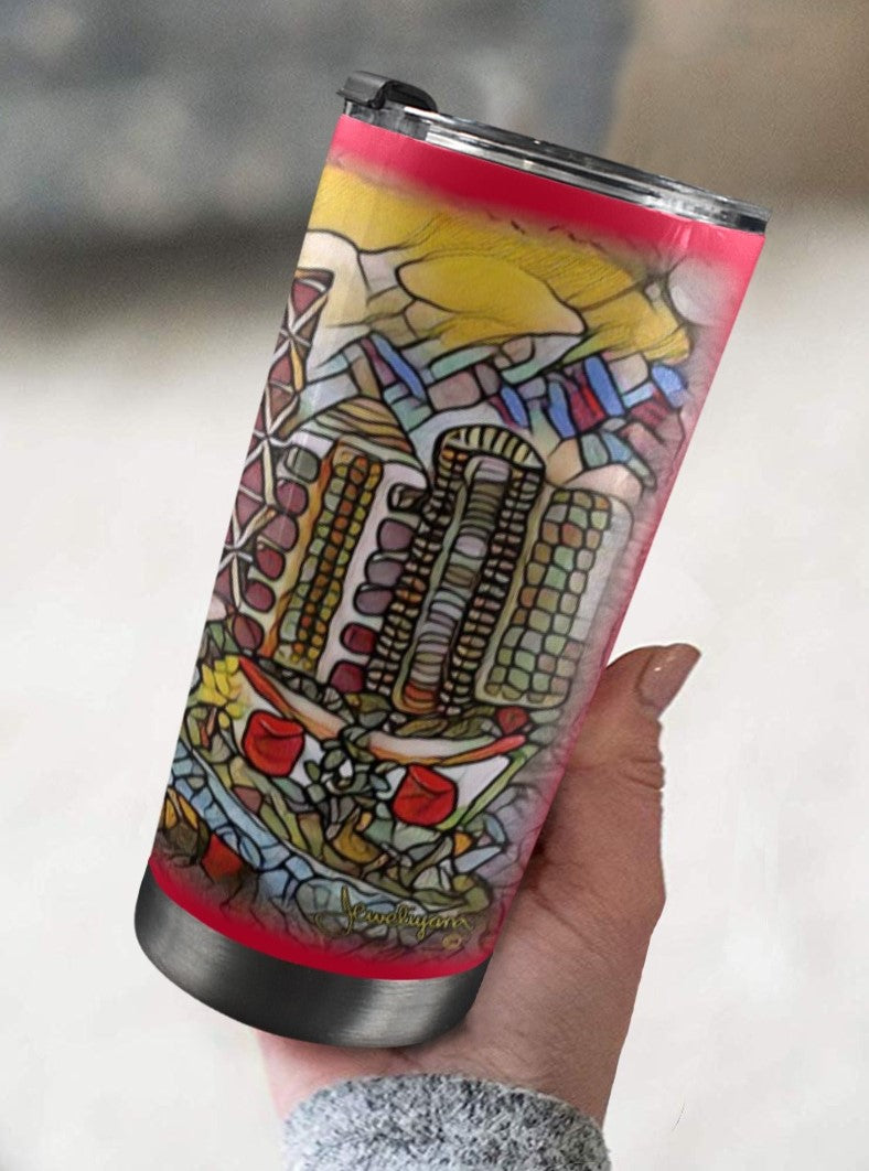 calgary saddledome souvenir on a travel mug