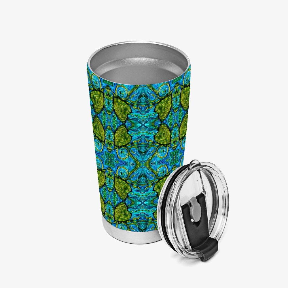 travel tumbler with beautiful artwork of green n blue heart design