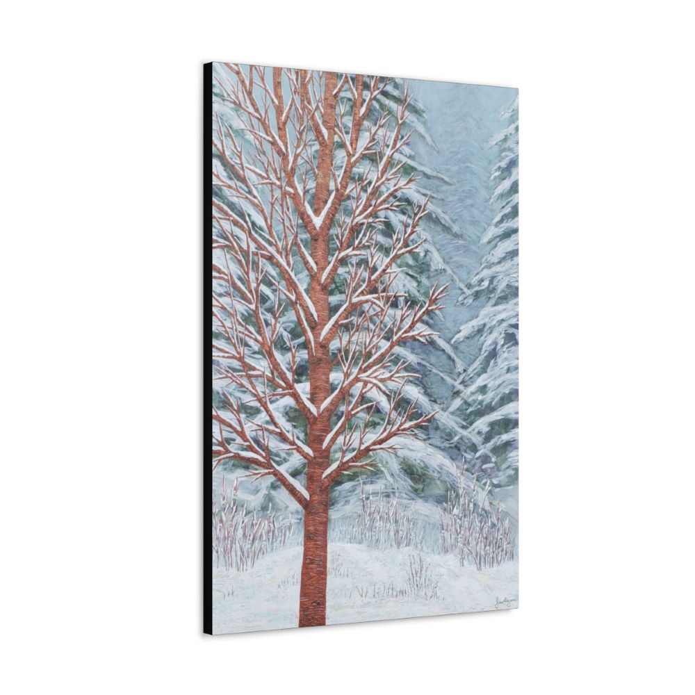 snowy winter tree painting of evergreens and a  maple tree