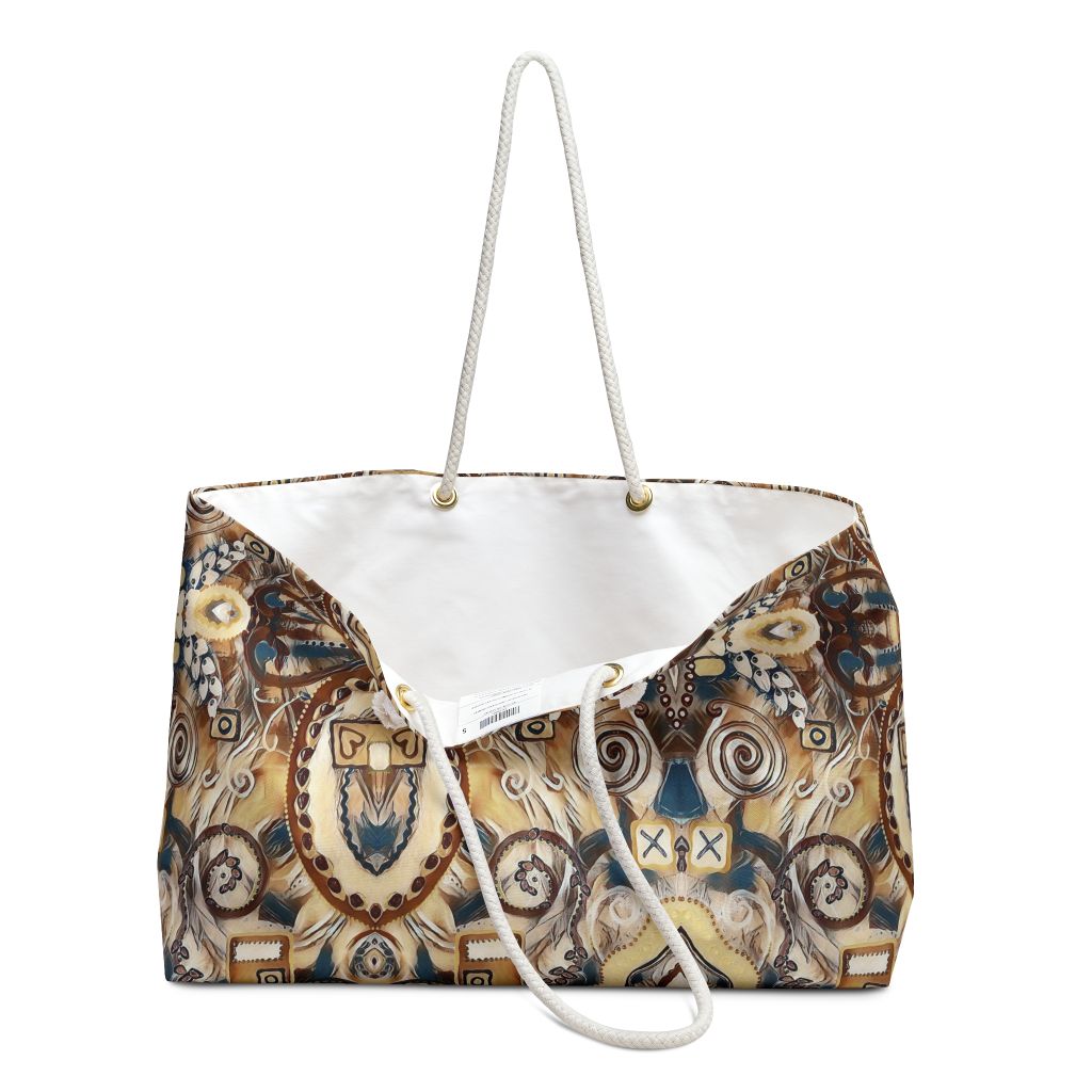 open view of large lined tote bag with western print