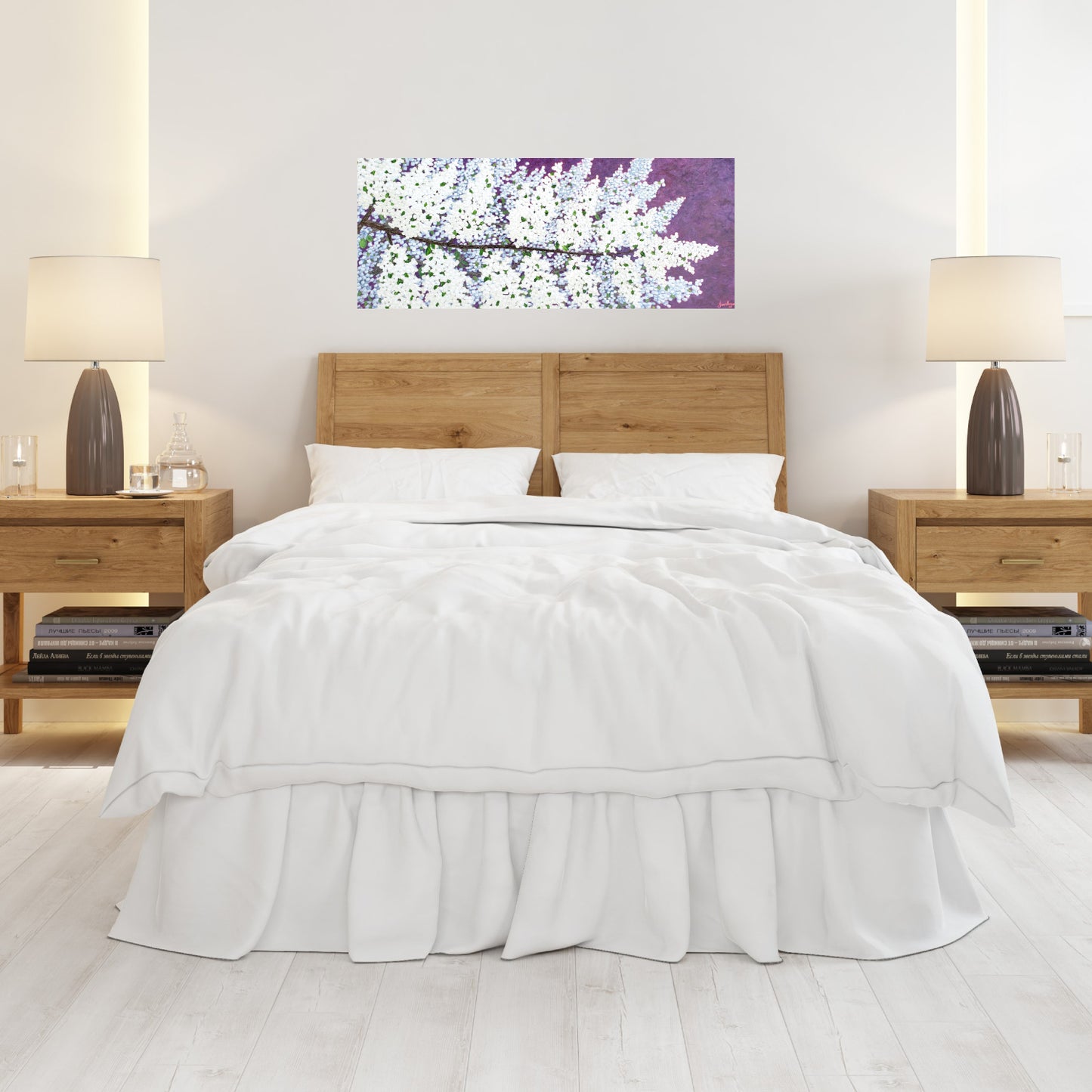 bedroom decor painting of white blossoms on purple background