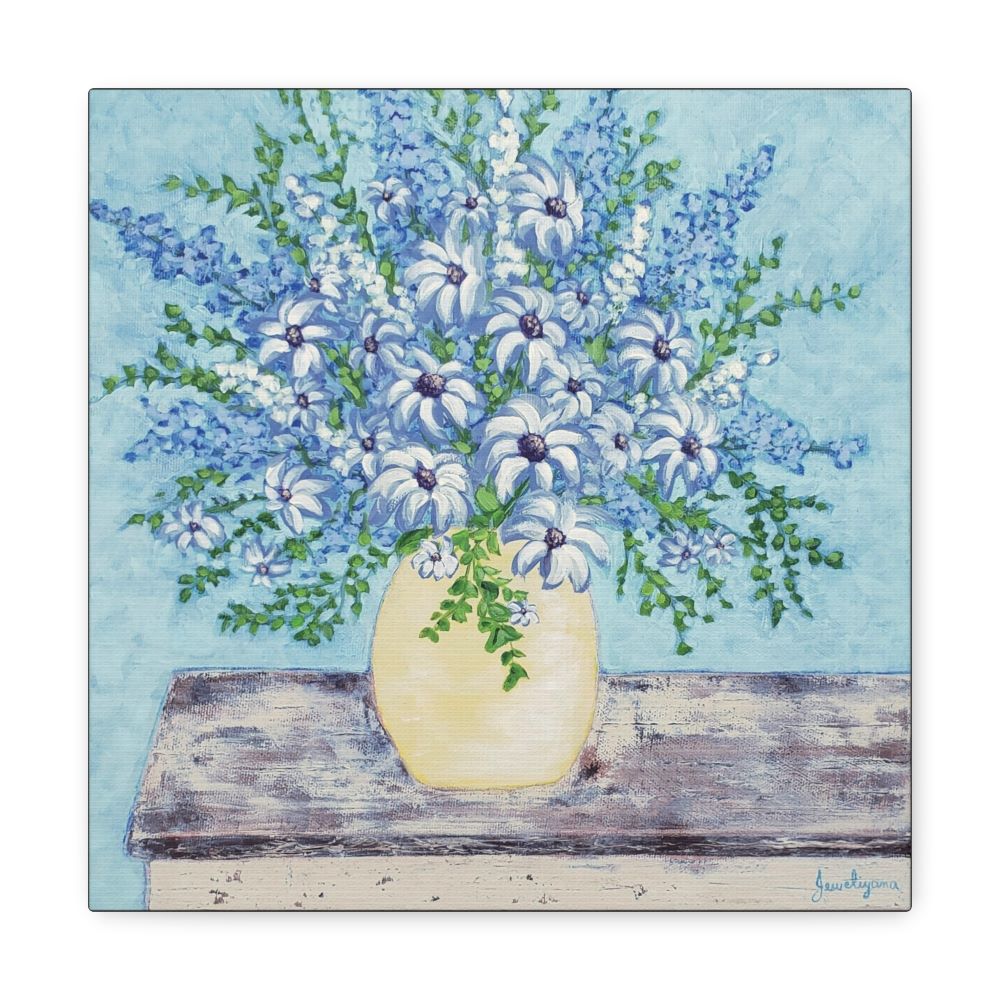 white daisies n blue delphiniums painting