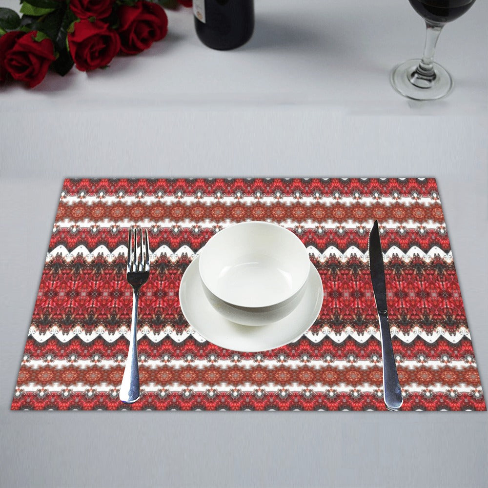 white and red placemats with design by artist Jeweliyana Reece
