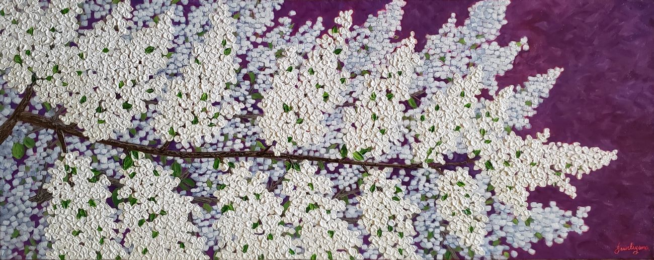 painting of a tree branch covered in white flowers