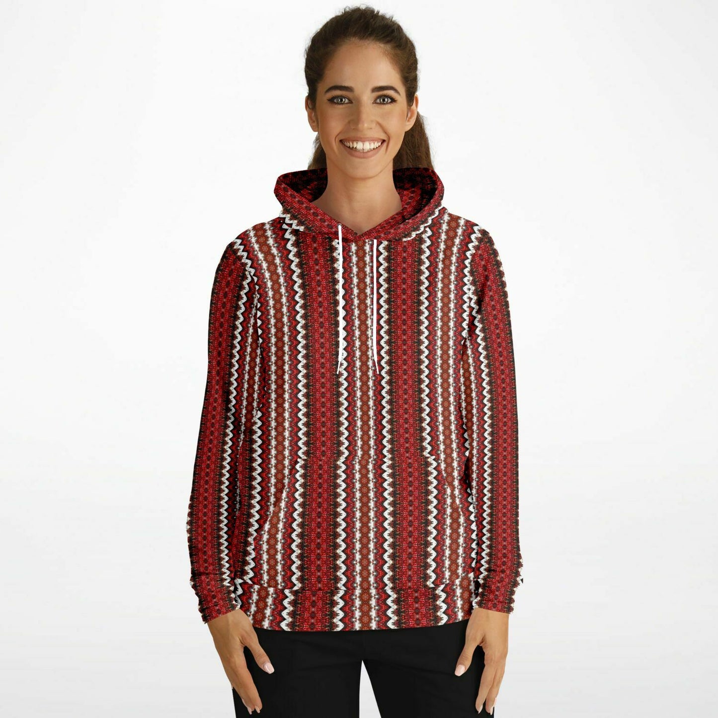 womens red hoodie shown with white stripe design print