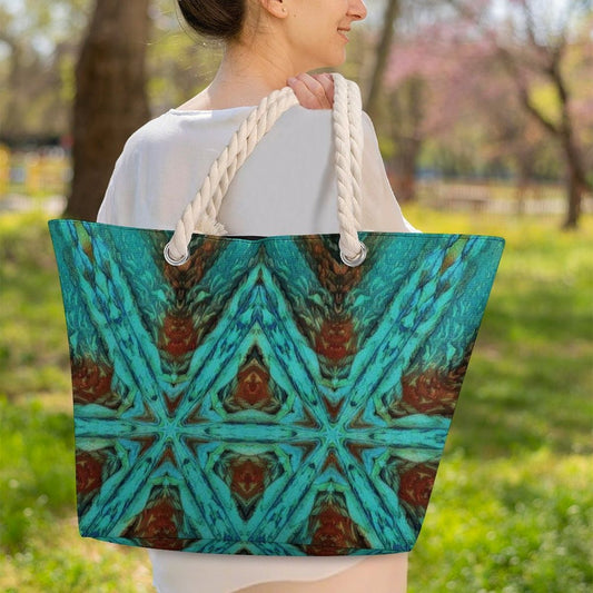 teal and brown summery zip tote bag