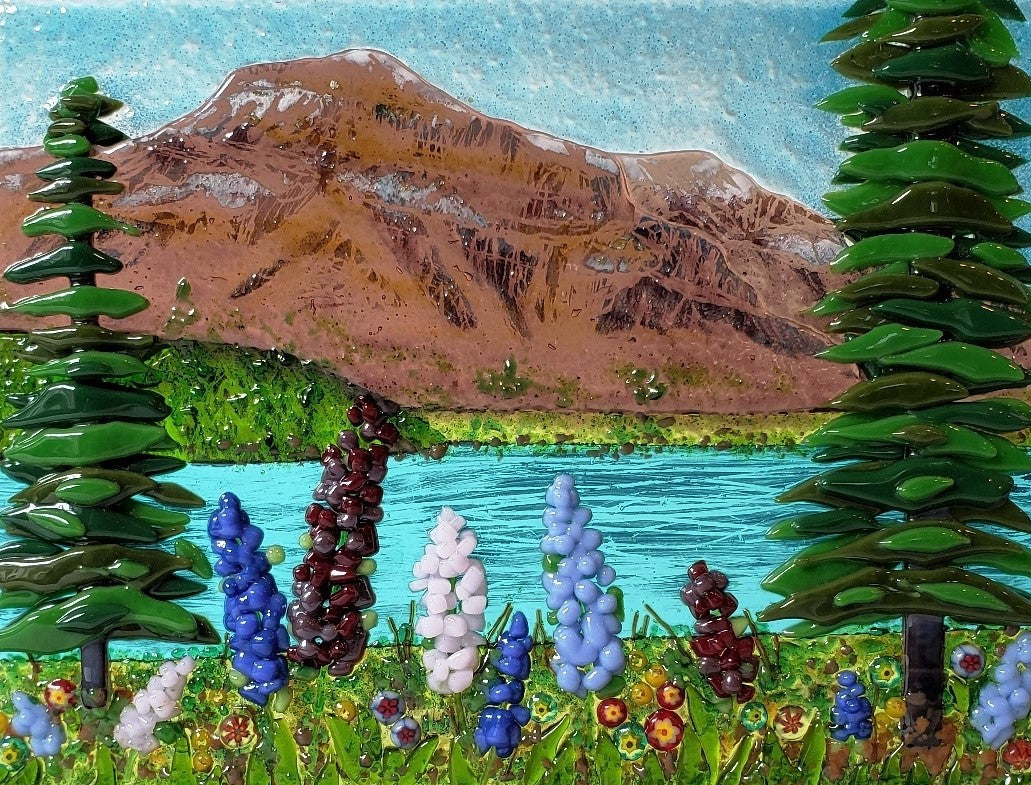 Emerald Lake Lupins artwork made of fused glass 