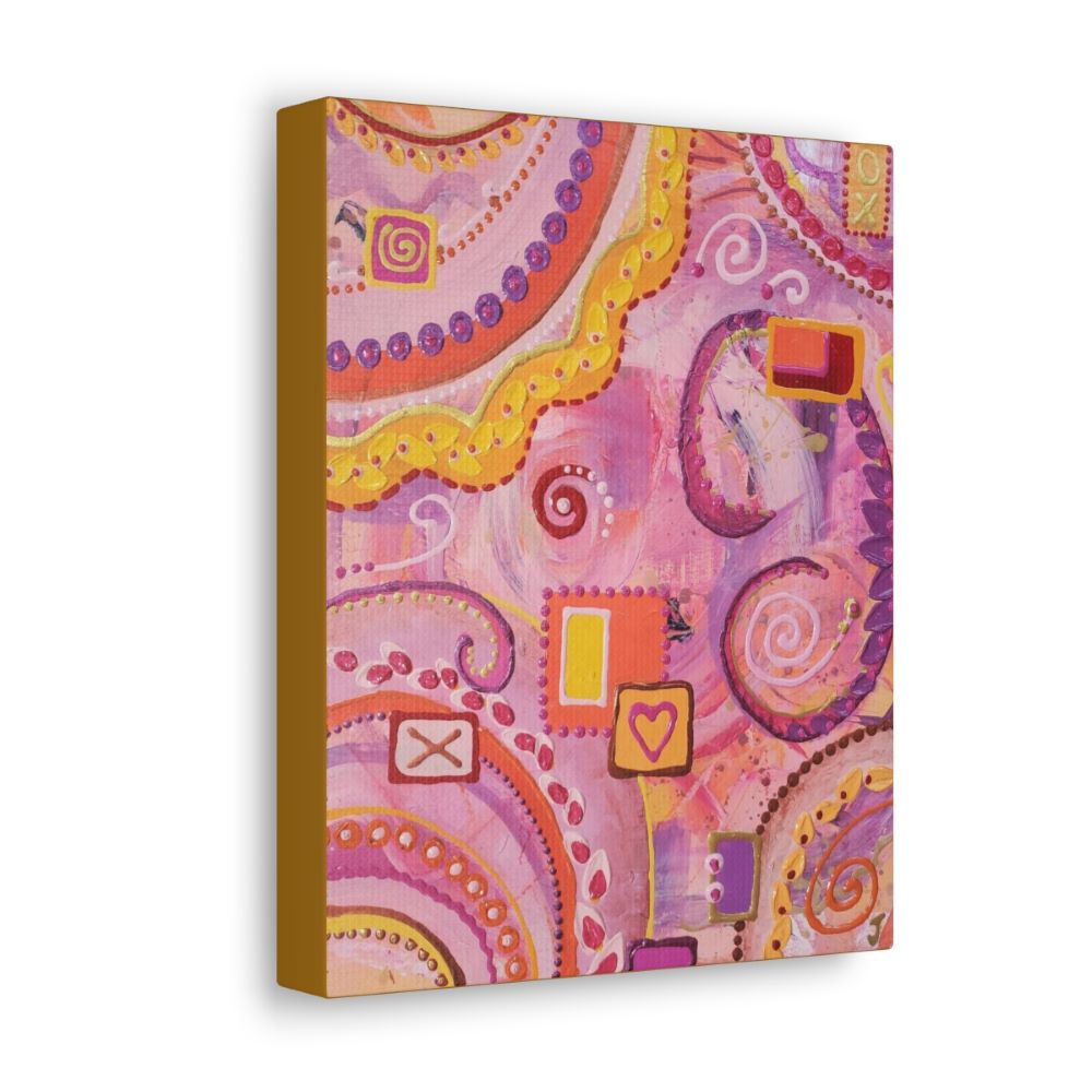 Pink Gold and Purple abstract painting side view on wall