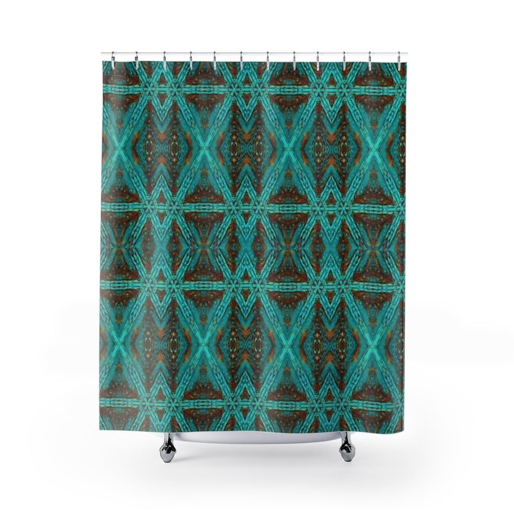 Shower curtain with aqua n amber pattern