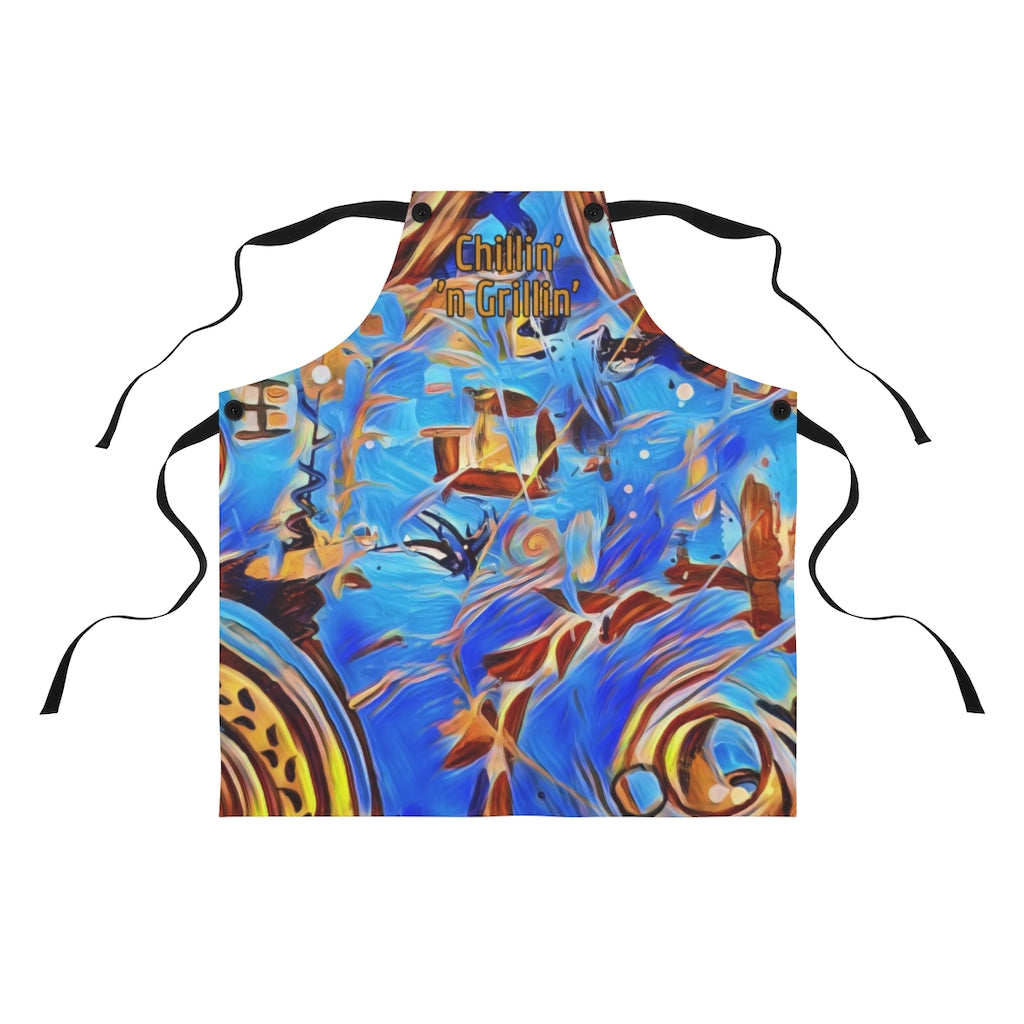 full view of blue bbq apron