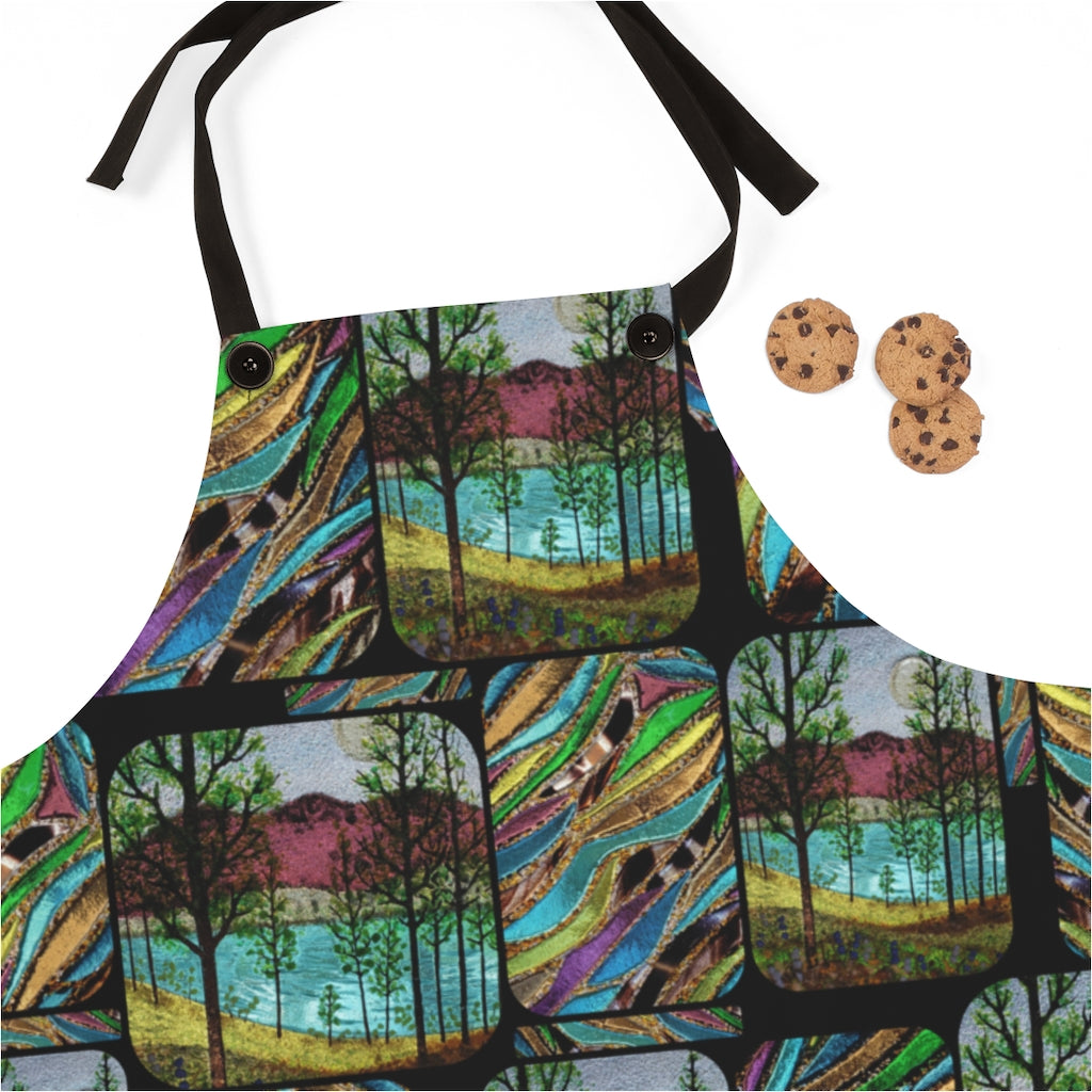BBQ Apron Black with art pictures of glass art on it