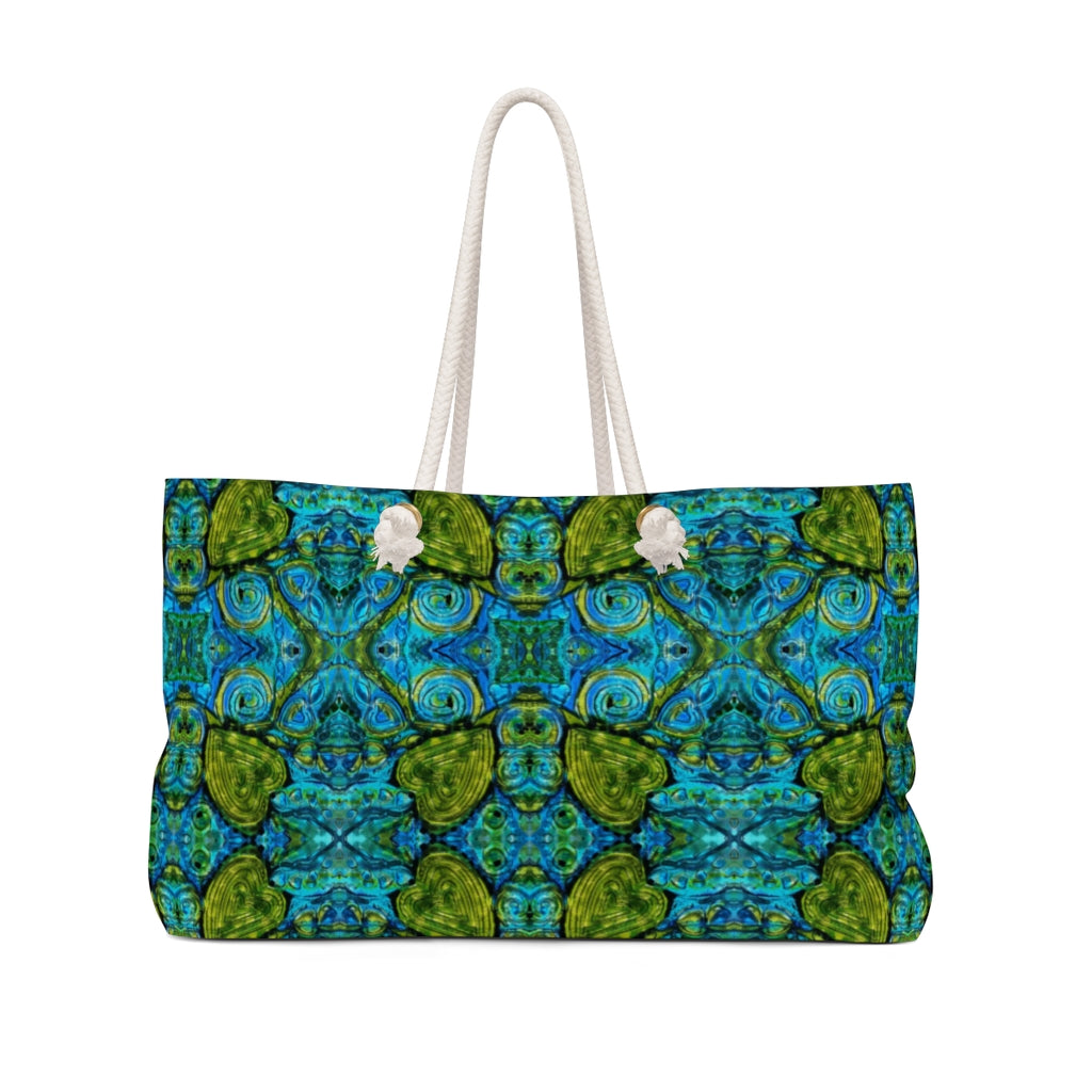 Blue Beach bag/weekender bag with green hearts