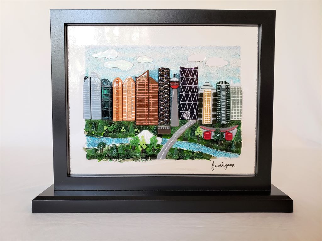 calgary cityscape made of fused glass art front view of two sided piece