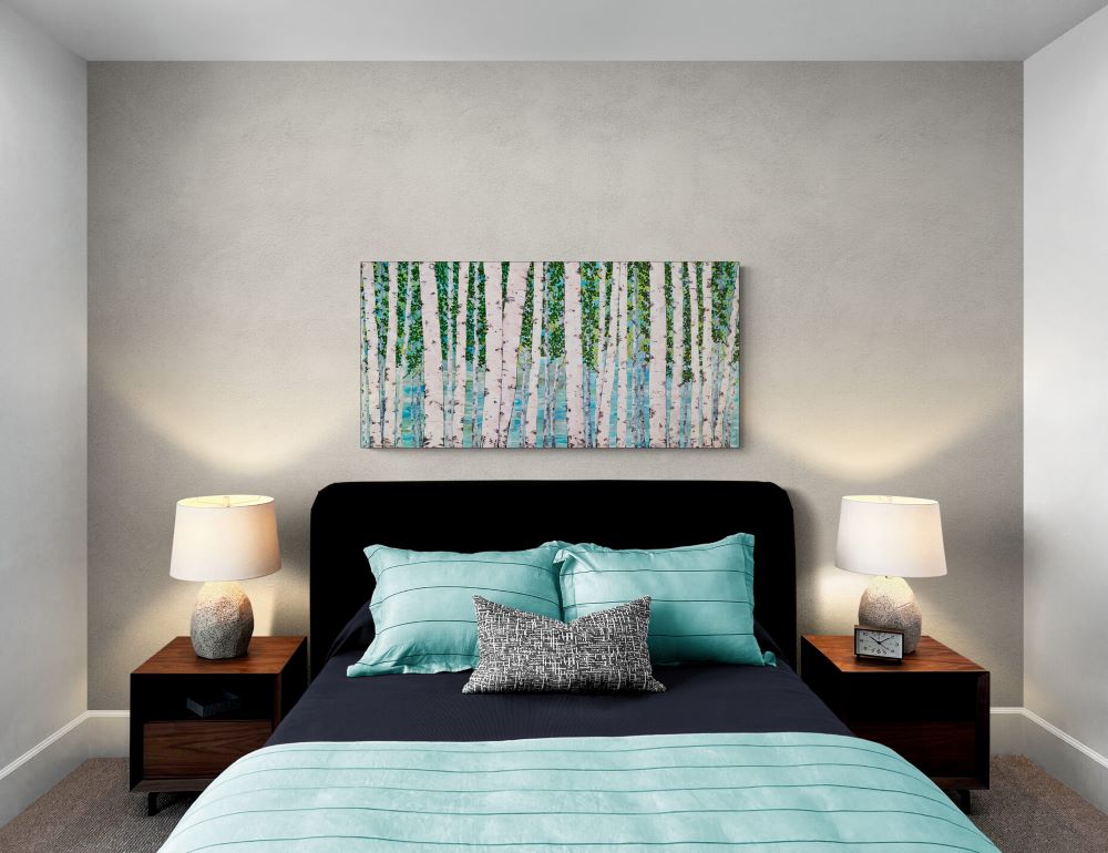 Comfy Bedroom with birch tree painting in blues and greens