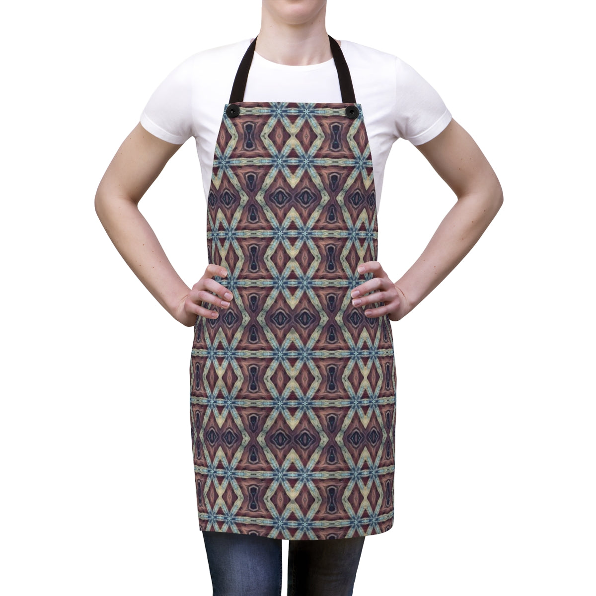 designer brown apron with a pattern on it