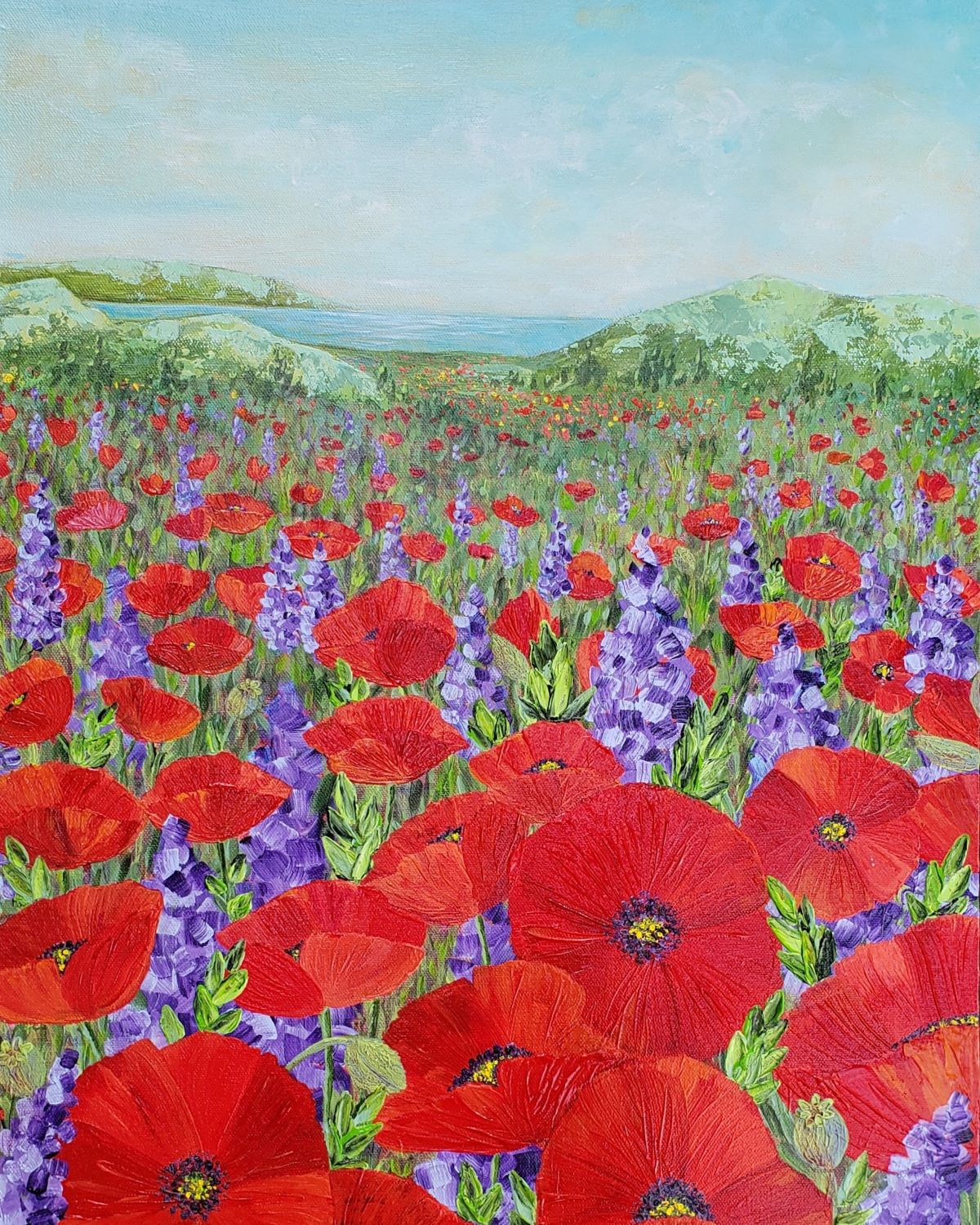 Original artwork. Landscape Painting of a field of red poppies and purple lupins painted in acrylic.