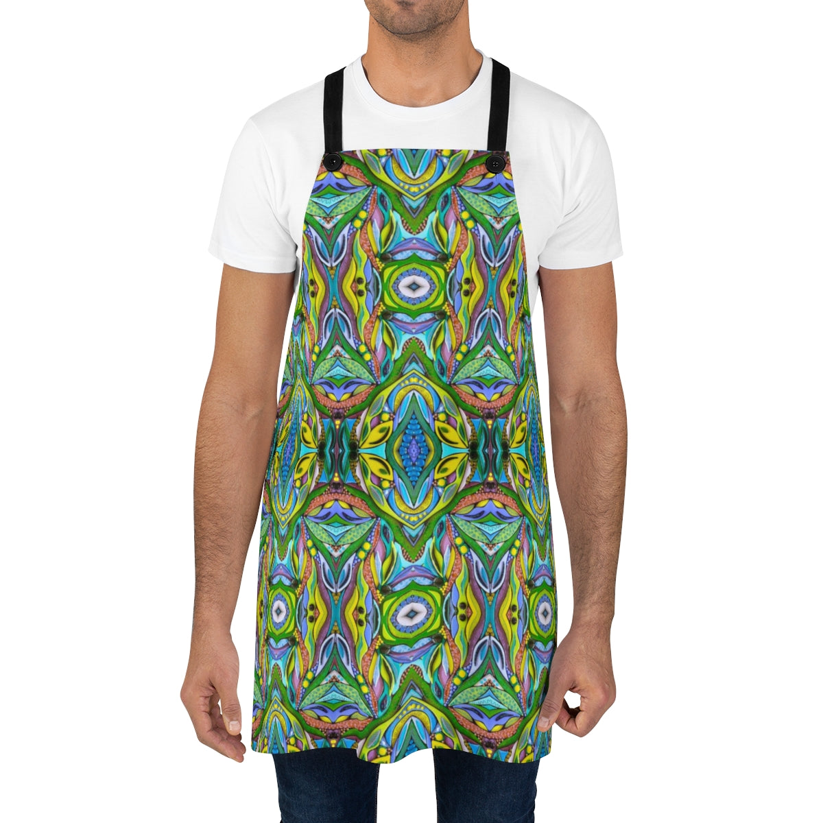 Fun designer apron shown on a man